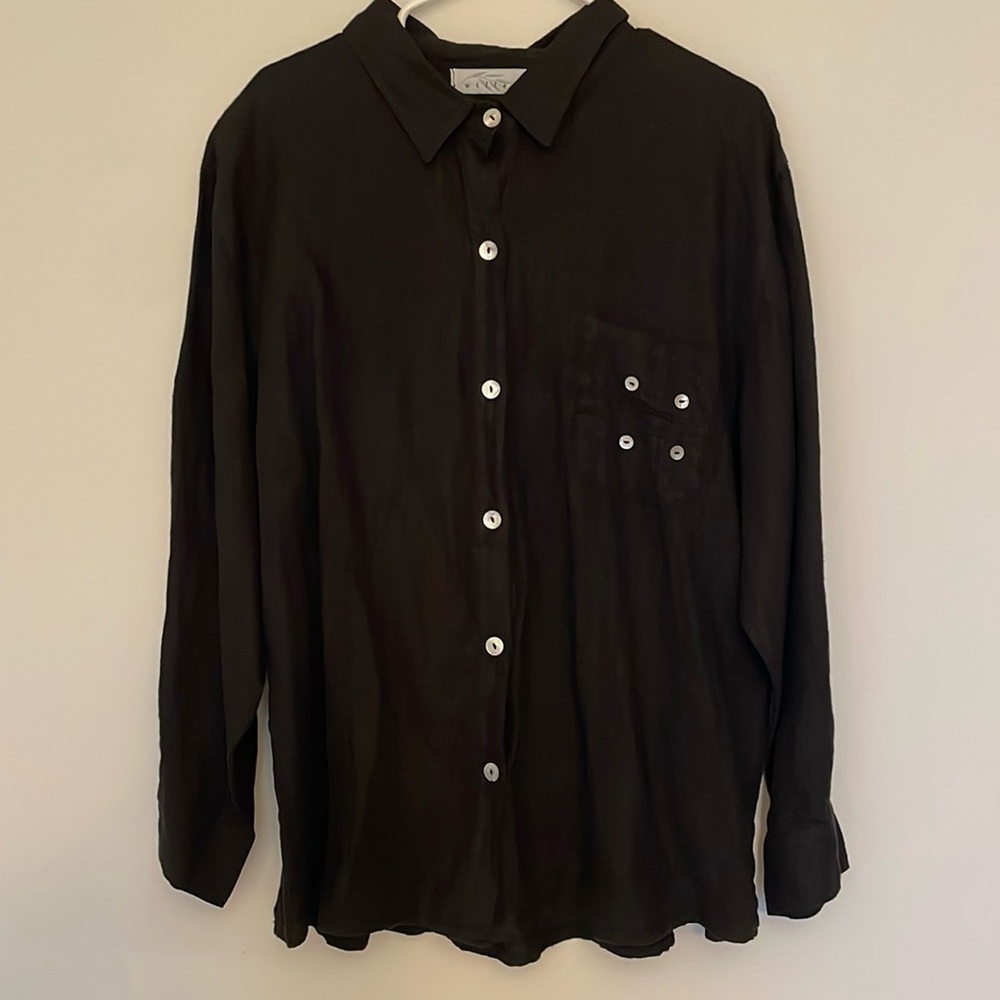 Willow 100% Linen Solid Black Button Down Blouse … - image 1
